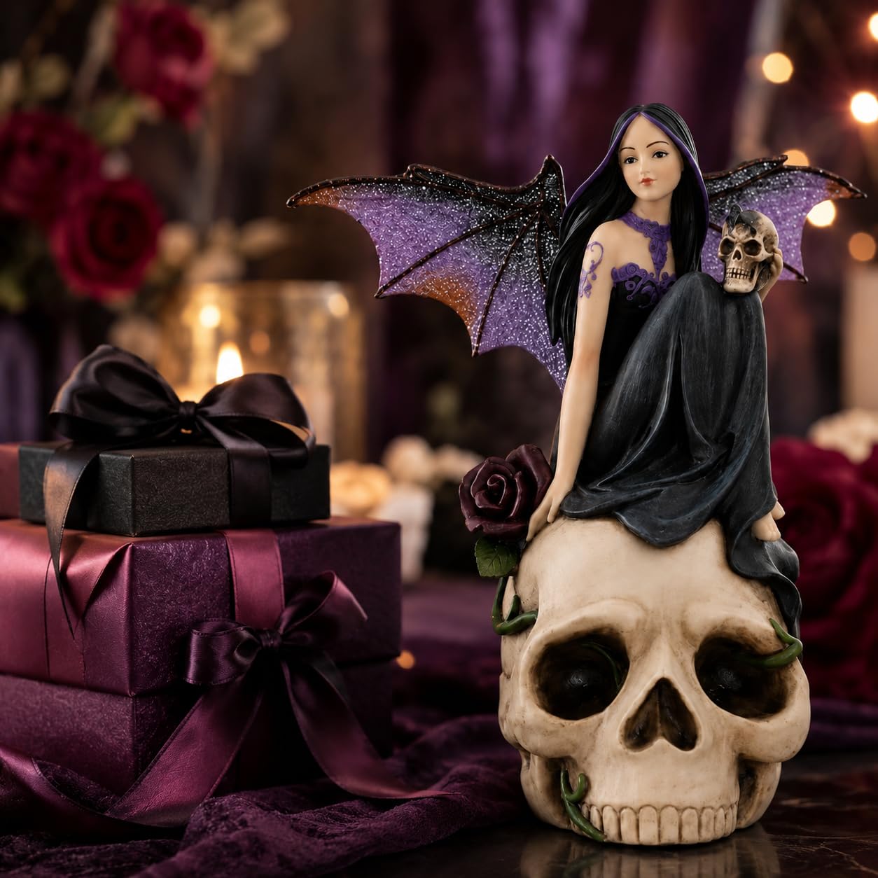 Comfy Hour 7 Inch Fairy Figurine, Dark Fairy Statue with Skull