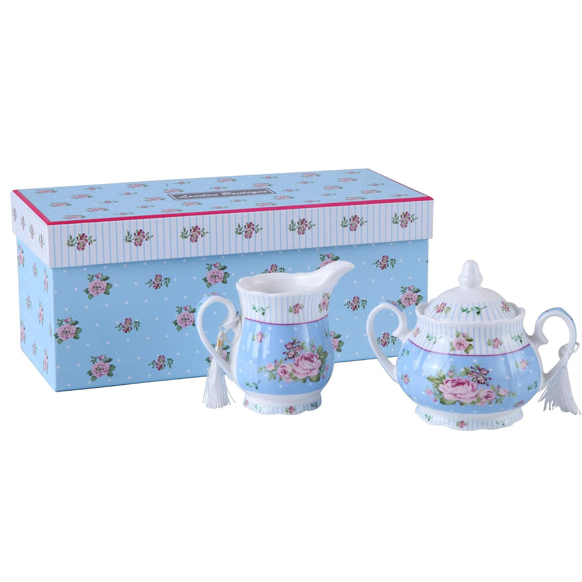 London Boutique Teapot, One Size, Cream & Sugar Set Rose Blue