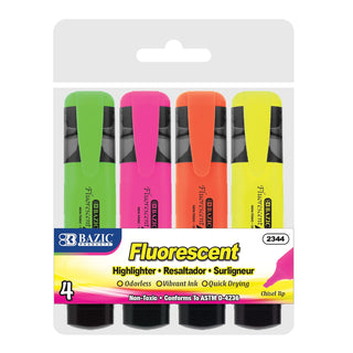 BAZIC Neon Highlighters w/Pocket Clip, Chisel Tip Broad Fine Line, Unscented Quick Dry, Highlighting Underlining Coloring Sketchbook Text Books, for Kids School Office (4/Pack), 1-Pack