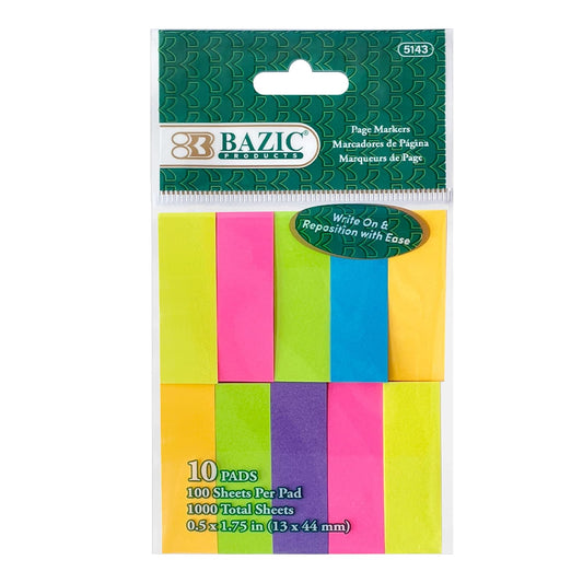 BAZIC 100 Sheets/Pad 0.5" X 1.75" Neon Color Page Markers Sticky Notes Memo Index Tabs Flags Self Adhesive, 480 Pieces (10 Pad/Pack), 1-Pack