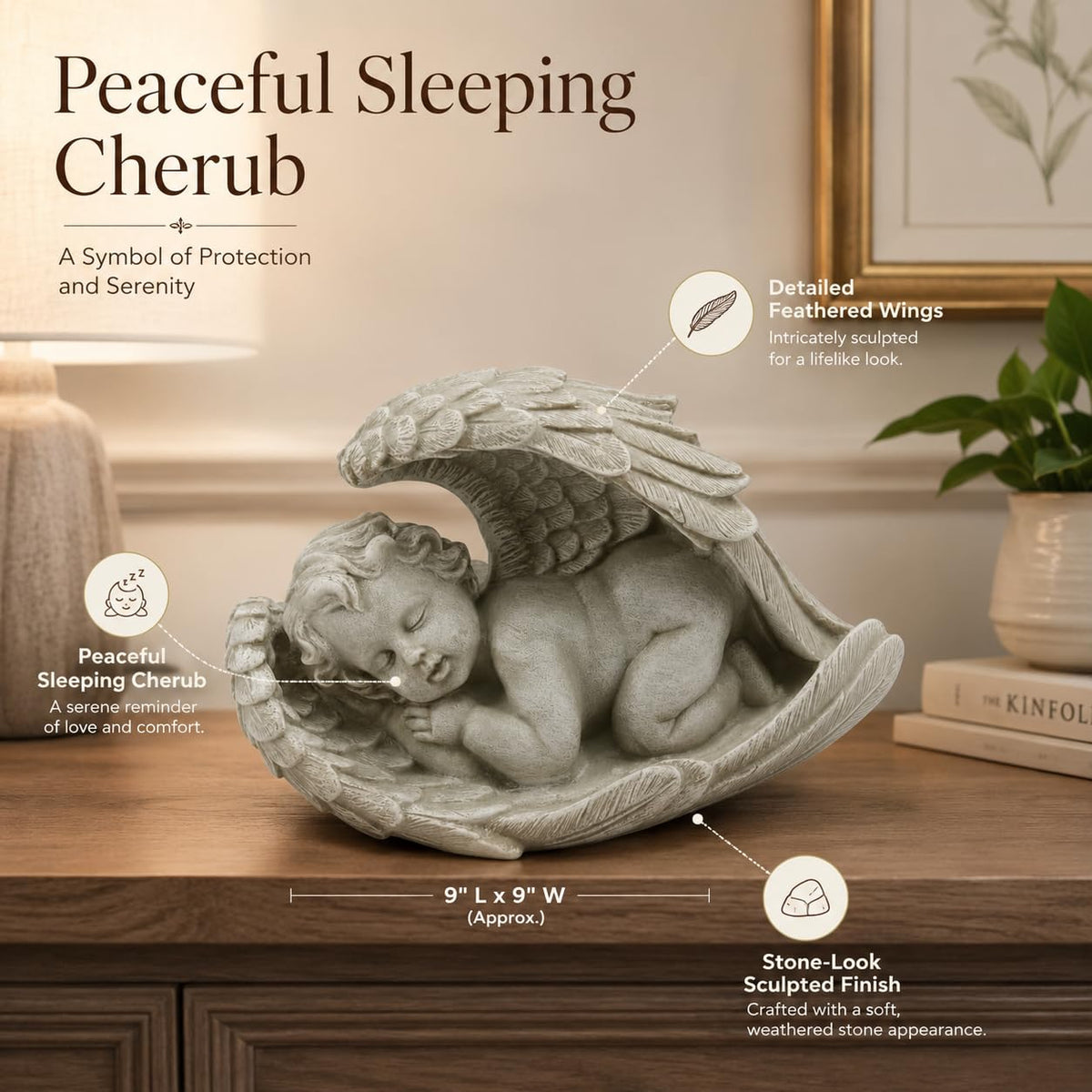 Comfy Hour 9 Inch Baby Angel Statue, Sleeping Cherub in Wing Decor