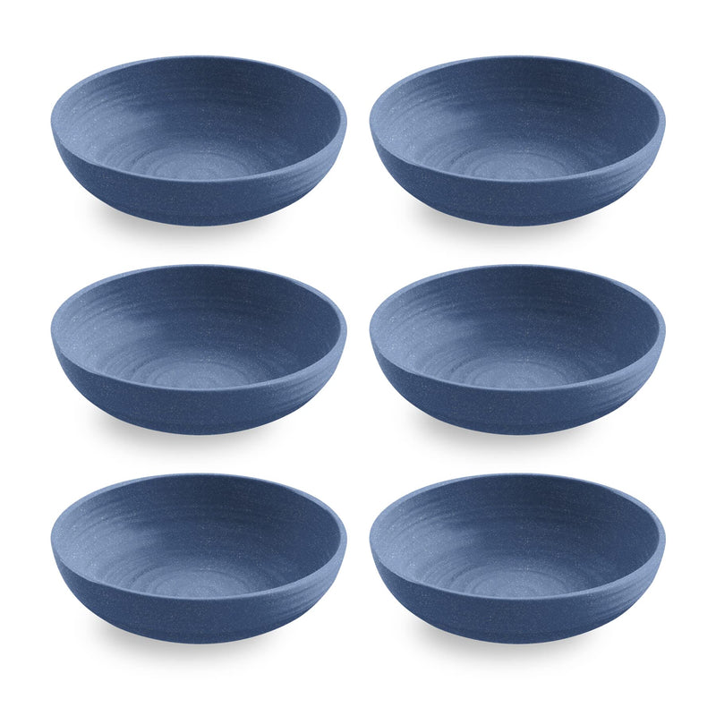 TarHong Planta Artisan Solids Low Bowl, Planta (Majority Plant Based with Melamine Binder), Shatterproof, Indoor/Outdoor Entertaining, Matte Blue, Set of 6