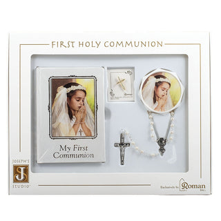 Roman First Holy Communion Book, Lapel Pin, Rosary and Keepsake Box Set for a Girl In Christ