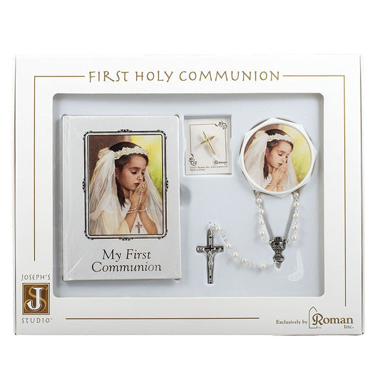 Roman First Holy Communion Book, Lapel Pin, Rosary and Keepsake Box Set for a Girl In Christ