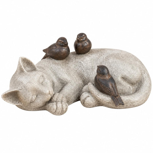 Comfy Hour Pet In Loving Memory Collection 12" Length Garden Accent Decorative Sparrows On Cat Figurine, Polyresin Statue Stone Looking