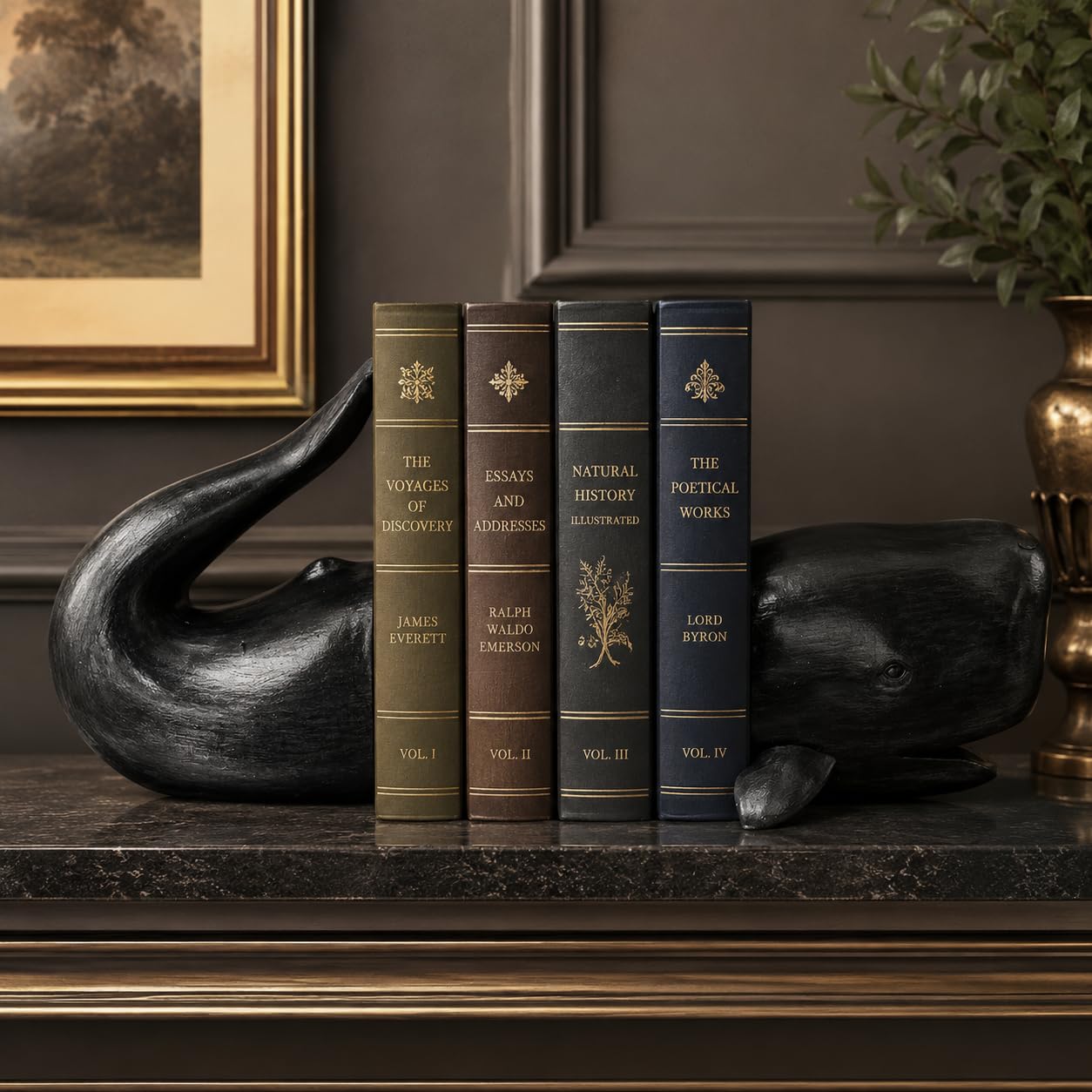 Comfy Hour Farmhouse Home Decor Collection Resin Set 2 Whale Bookends Art Bookends Solid Heavy Weight, Black