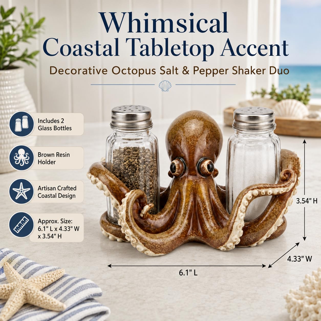Comfy Hour 6.1 Inch Octopus Salt and Pepper Holder, Glass Shakers, Set of 2