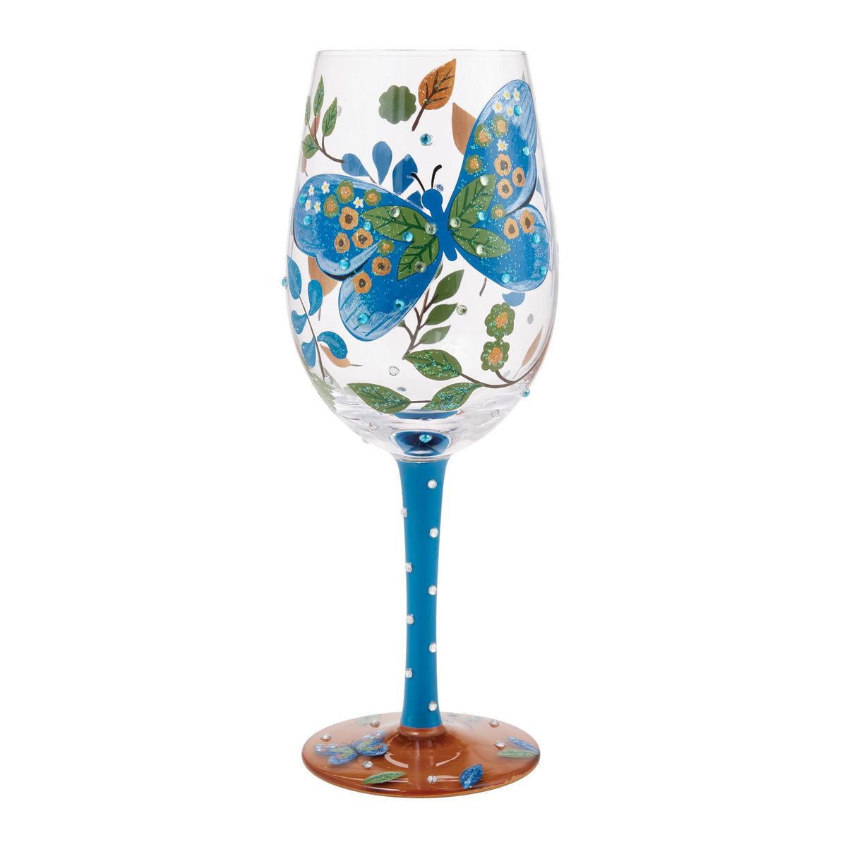 Enesco Lolita Garden Butterfly with Foliage Hand-Painted Artisan Wine Glass, 15 Ounce, Multicolor