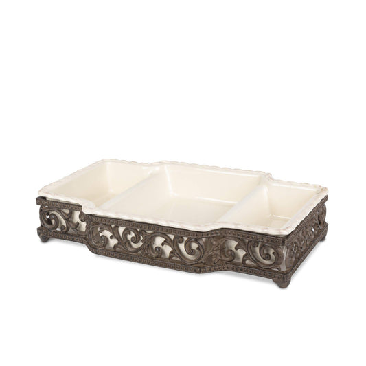 GG 3-Part stonewr Dish/Metal Base Other Decor, 15InL x 10InW x 3InH, Cream