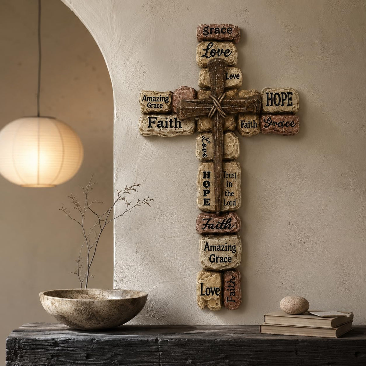 Comfy Hour 12 Inch Cross Wall Decor, Stacked Stone Wall Cross