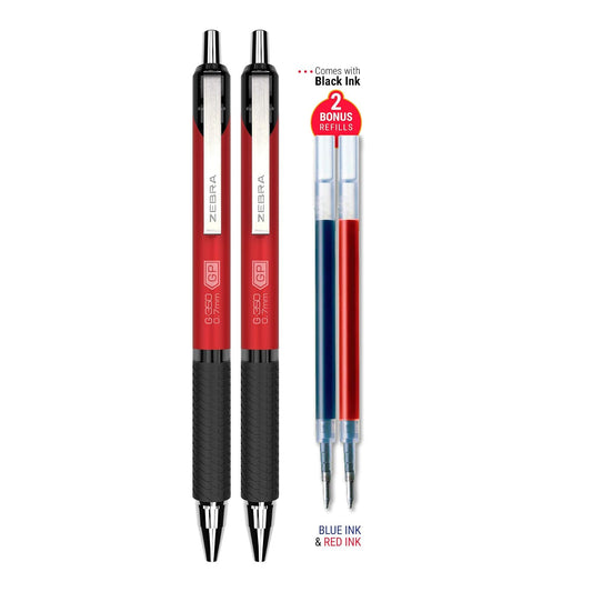 Zebra Pen G-350 Retractable Gel Pen, Crimson Red Premium Metal Barrel, Medium Point, 0.7mm, Black Ink, 2-Pack Plus Refills