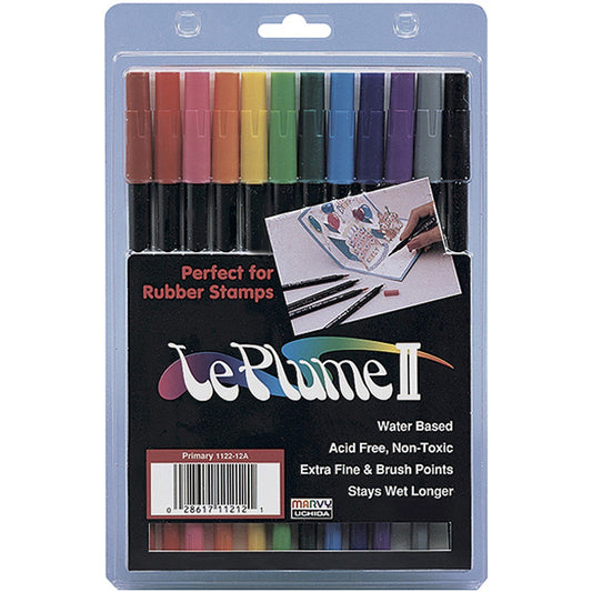 Uchida 1122-12A Le Plume II Double-Ended Markers with Brush and Fine Tips, Primary, Set of 12
