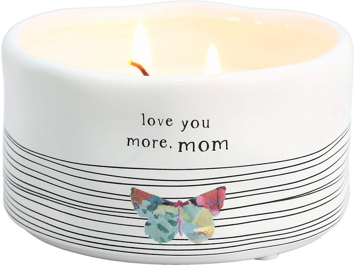 Pavilion Gift Company Love You More Mom Double Butterfly Candle in Ceramic with 100% Soy Wax & Cotton Wicks-Tranquility Scent, White