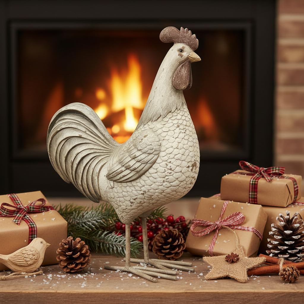 Comfy Hour Farmhouse Home Decor Collection 10" Countryside Standing Chicken Cock Rooster Figurine Farm Animal Statue, Grey Beige, Polyresin Decor