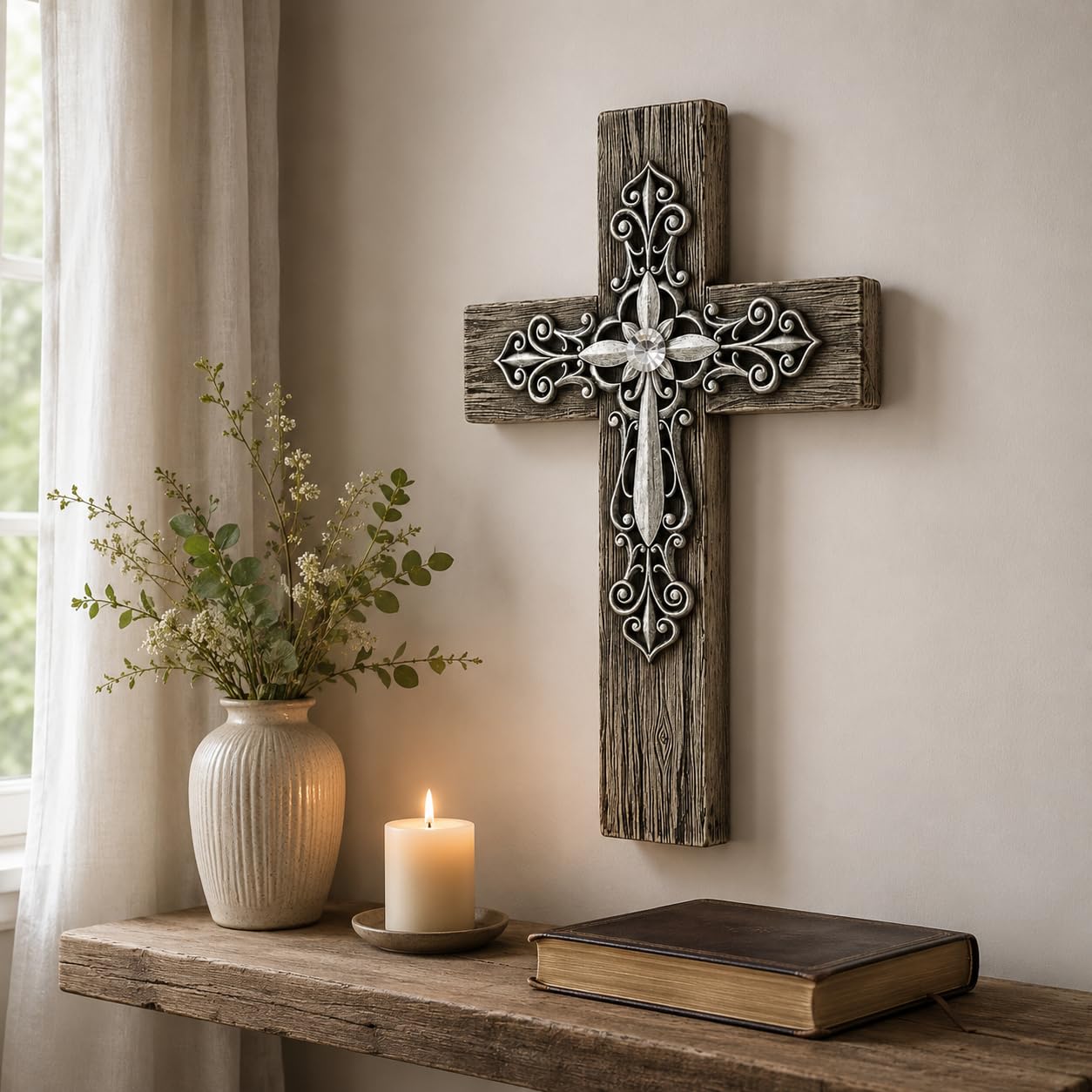 Comfy Hour 14.5 Inch Cross for Wall, Rustic Wood Look Wall Cross, 1 Piece