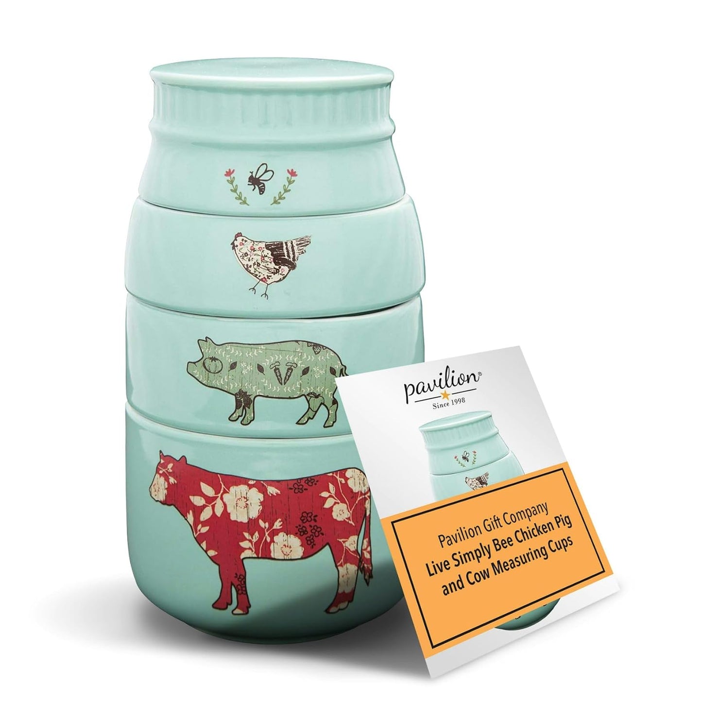 Pavilion Gift Company 23130 Live Simply Bee Chicken Pig and Cow Measuring Cups Teal