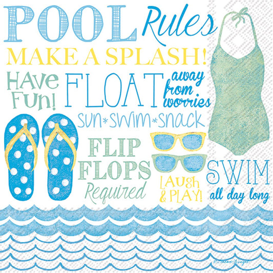 Boston International Celebrate the Home Summer 3-Ply Paper Cocktail Napkins, Pool Rules, 20-Count