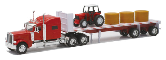 New Ray Toys Peterbilt 389 with Hay and Farm Tractor Playset 1/32 Scale Model Toy Vehicles