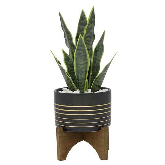 Flora Bunda Artificial Succulent Faux Plant 5.25" Succulent Mix in Black and Gold Lines Ceramic Pot on Wood Stand, Plant and Pot 12" Tall, 4.75" Pot Opening, Plant 5.25" Wide, Home Office Decorations