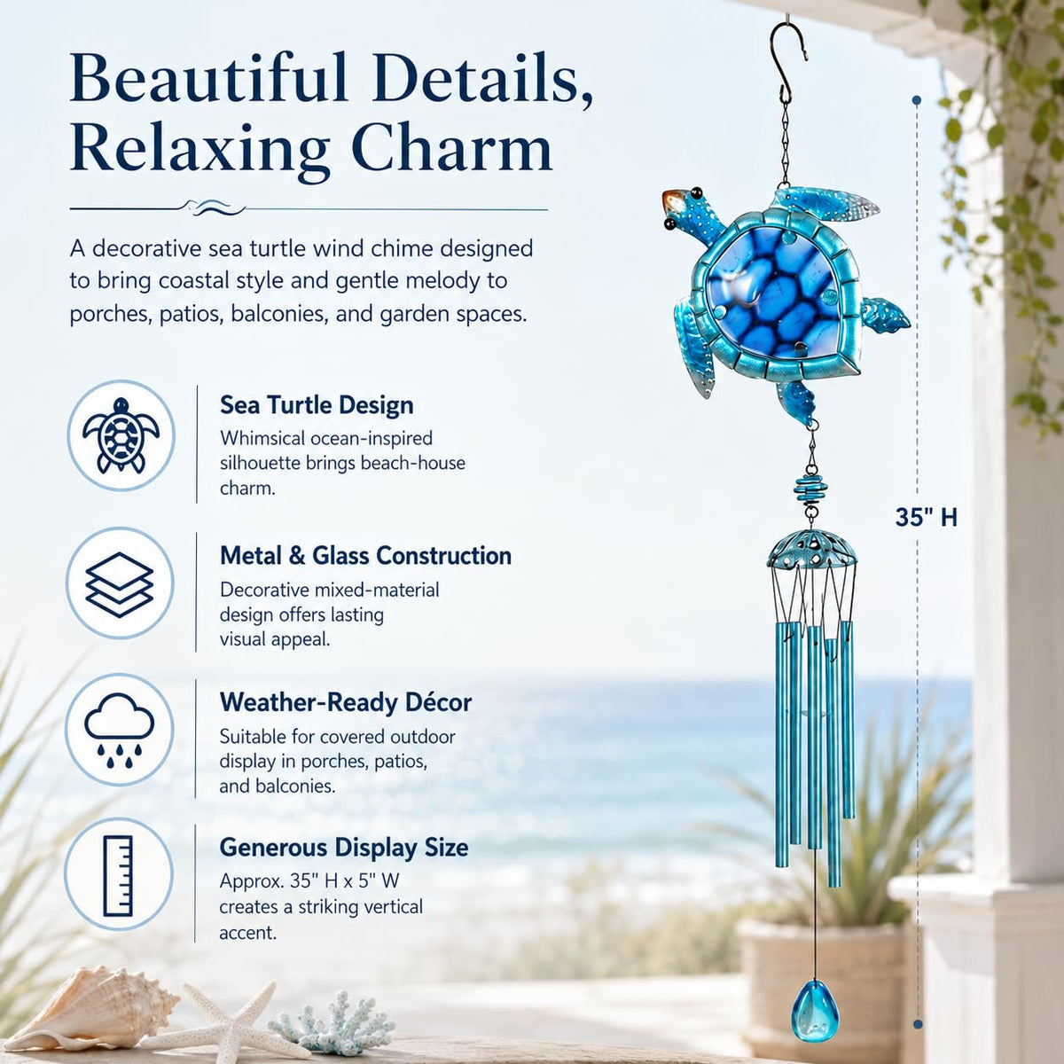 Comfy Hour Ocean Voyage with Sea Turtles Collection Metal Art 35" Turtle Ocean Wild Animal Windchime Hanging Windbell Blue