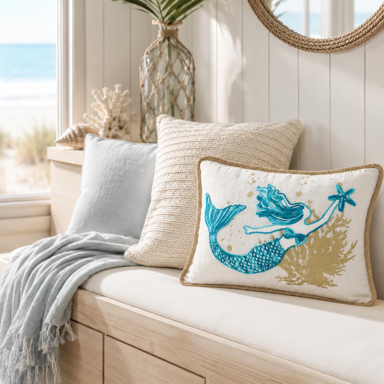 Comfy Hour 18 x 13 Inch Mermaid Pillow, Starfish Coastal Decor