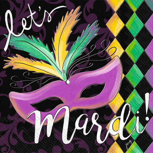 Boston International IHR 3-Ply Paper Napkins Mardi Gras Fat Tuesday Designs, 20-Count Cocktail Size, Let's Mardi