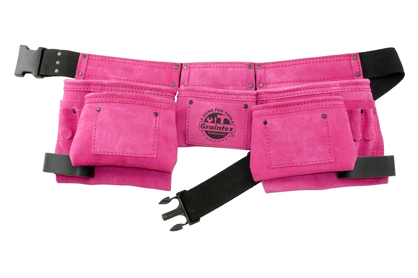 Graintex DS2118 11 Pocket Work Apron Pink Color Suede Leather with 2” Webbing Belt, 2 Hammer Holders Loops for Constructors, Electricians, Plumbers, Handymen