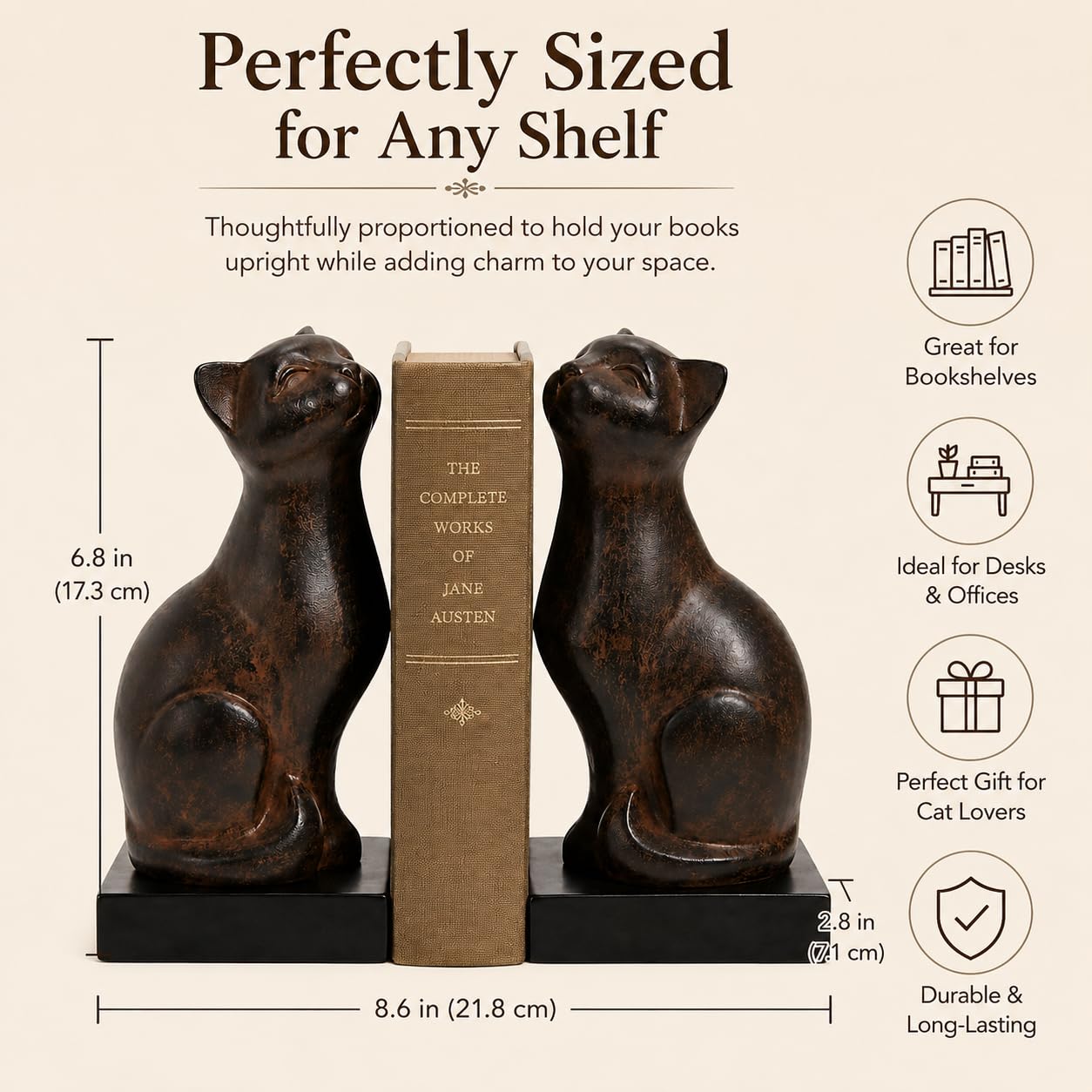 Comfy Hour Farmhouse Home Decor Collection 4" length 7" height Polyresin Set Of 2 Cats Bookends Art Bookend, 1 Pair, Brown Antique Effect
