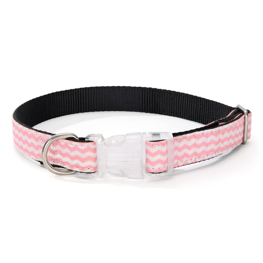 Mile High Life | Geometric Wave Dot Diagonal Pattern | Soft Poly Cotton Outside with Nylon Inside Dog Collar | Strong Buckle Dog Collar with D Ring(Pink Wave Large Neck 15"-19" -55 lb)