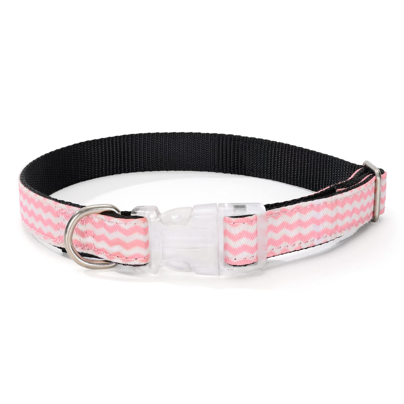 Mile High Life | Geometric Wave Dot Diagonal Pattern | Soft Poly Cotton Outside with Nylon Inside Dog Collar | Strong Buckle Dog Collar with D Ring(Pink Wave Medium Neck 13&quot;-17&quot; -40 lb)