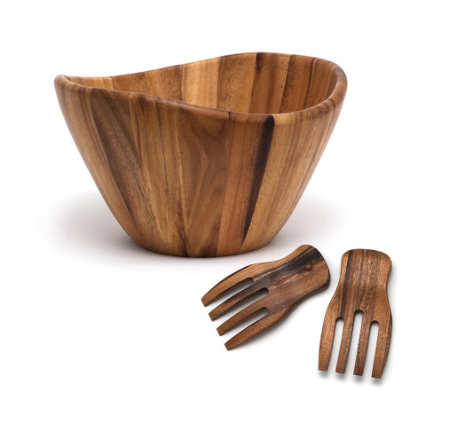 Lipper International Wave Bowl with Salad Hands Brown