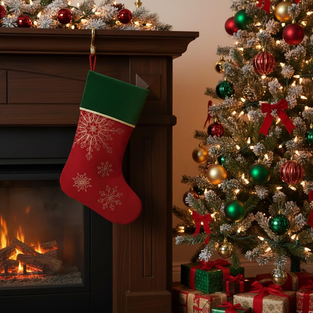 Comfy Hour Winter Holiday Home Collection 20" Winter Christmas Snowflake Stocking Red, Polyester