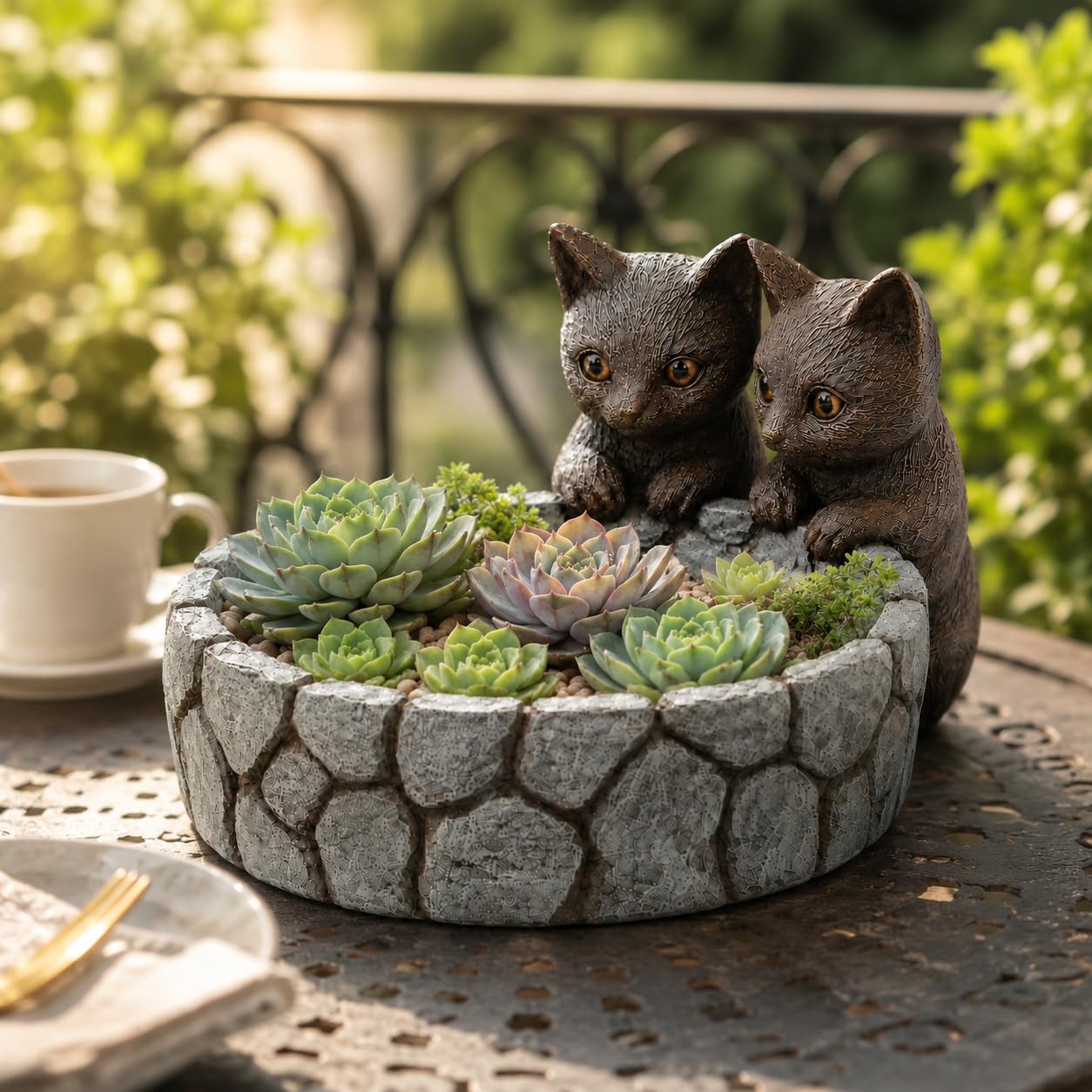 Comfy Hour Farmhouse Home Decor Collection Polyresin Two Cats Succulent Planter Flower Bud Pot Mini Decorative Vase, Small Plant Container