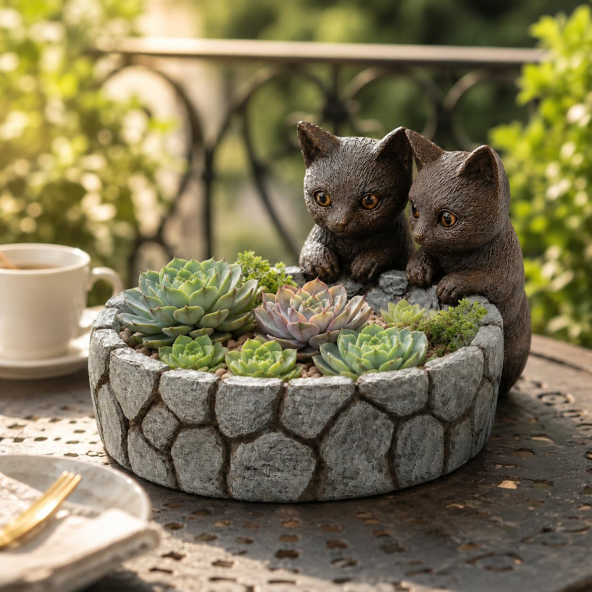 Comfy Hour Farmhouse Home Decor Collection Polyresin Two Cats Succulent Planter Flower Bud Pot Mini Decorative Vase, Small Plant Container