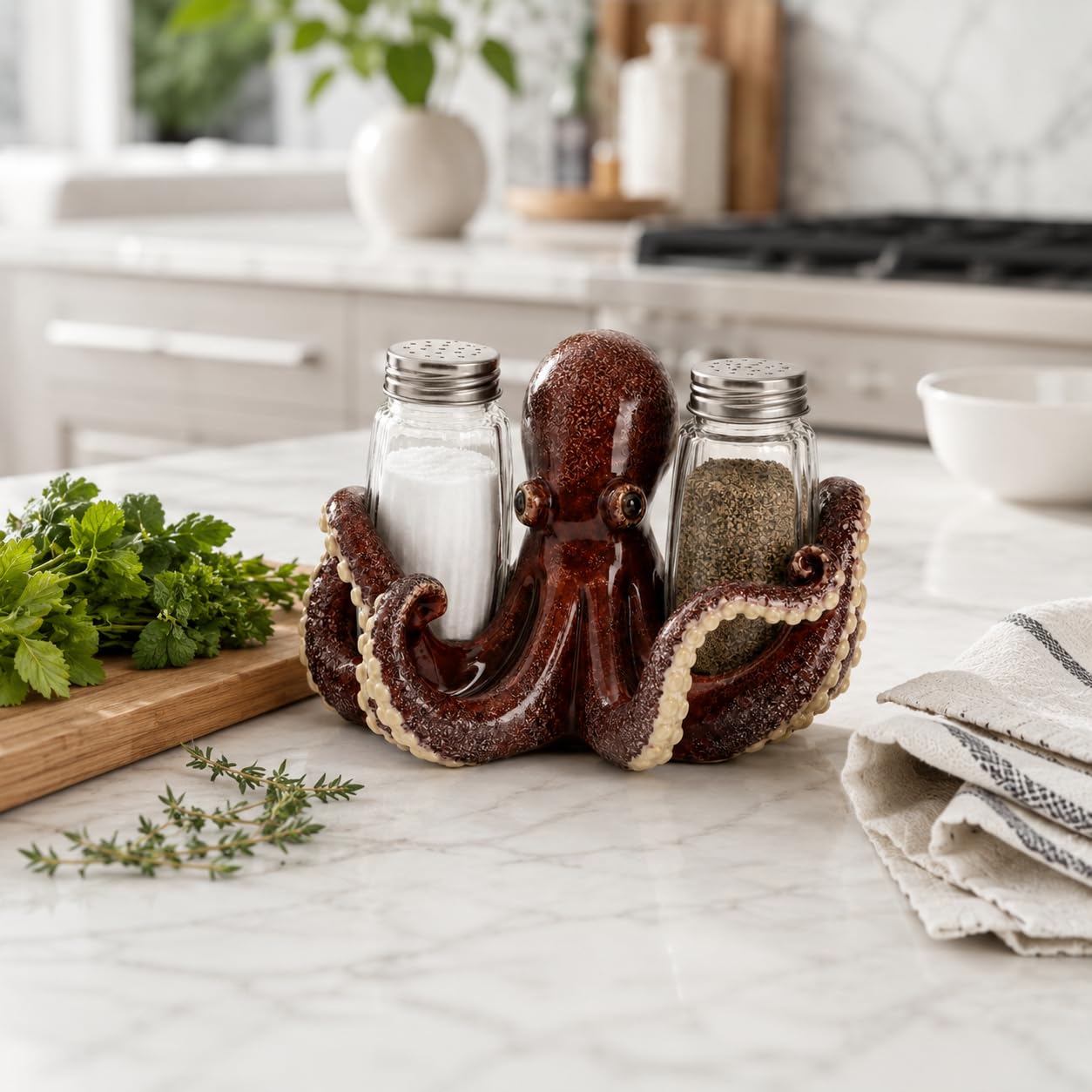 Comfy Hour 6 Inch Octopus Salt and Pepper Shakers, Red Holder