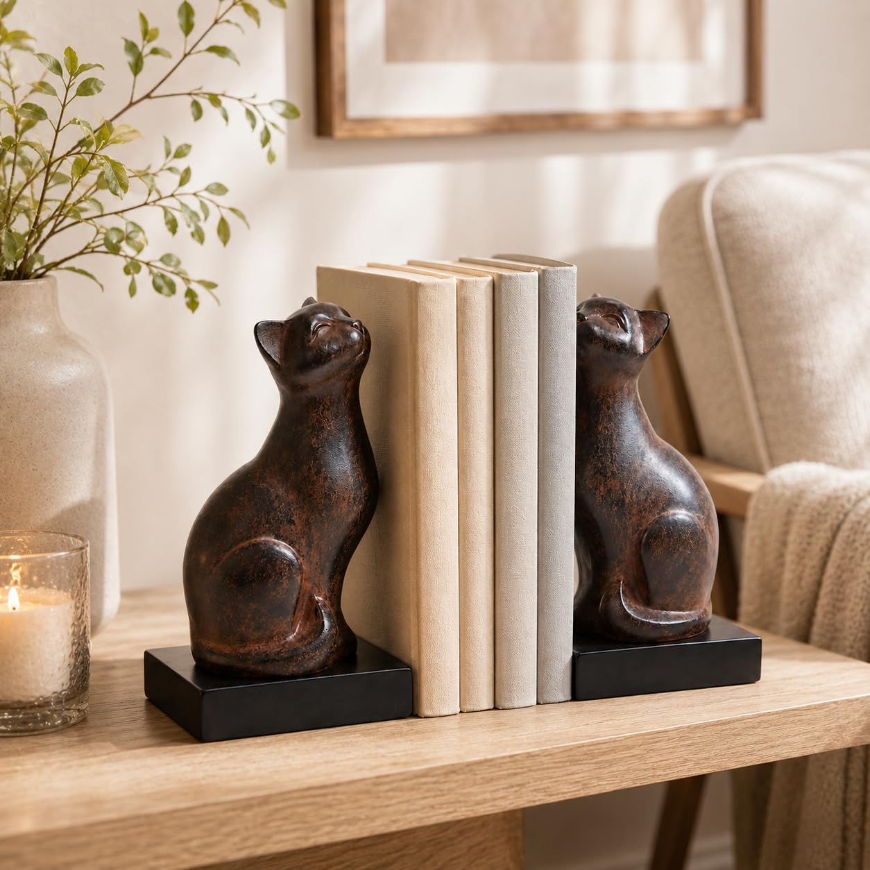 Comfy Hour Farmhouse Home Decor Collection 4" length 7" height Polyresin Set Of 2 Cats Bookends Art Bookend, 1 Pair, Brown Antique Effect