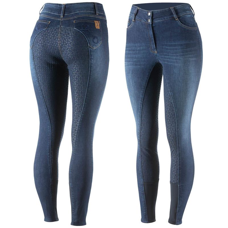 Horze Kaia Womens High Waist Denim Silicone Full Seat Breeches - Dark Blue - 26