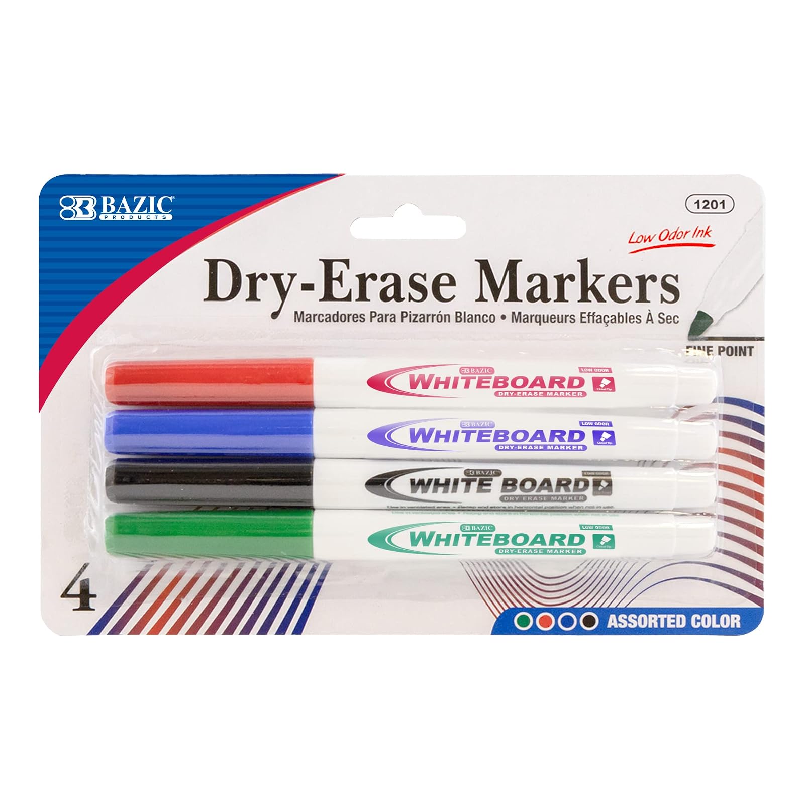 BAZIC Assorted Color Fine Tip Dry-Erase Marker, 4 Per Pack
