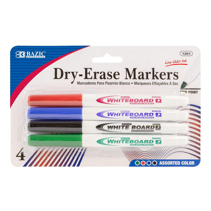 BAZIC Assorted Color Fine Tip Dry-Erase Marker, 4 Per Pack