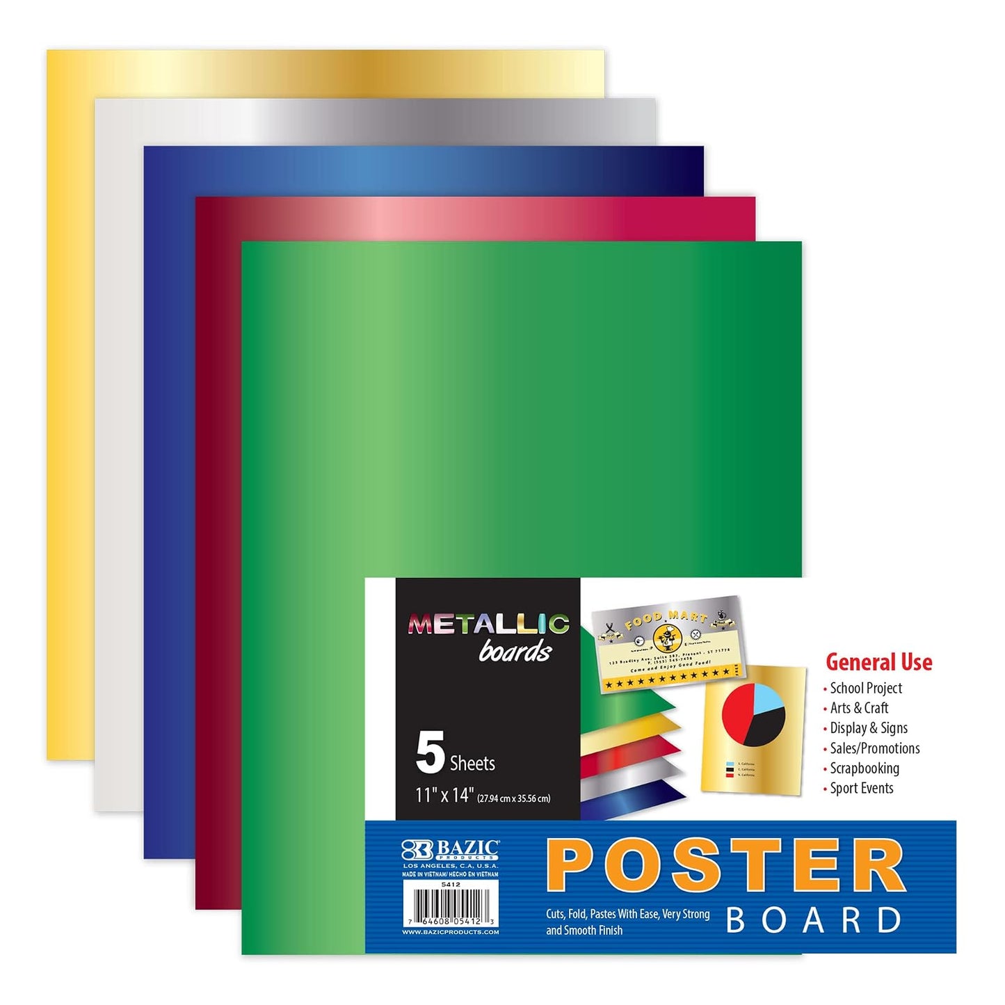 BAZIC 11" X 14" Metallic Poster Board, Metal Mirror Colored Paper Drawing Painting Scrapbooking Graphic Display, Art Craft Projects School Home DIY Decor (5/Pack), 1-Pack