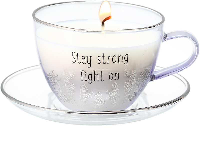 Pavilion - Stay Strong - 6-Ounce Tea Cup Soy Wax Candle and Saucer Set, Cotton Scented, Get Well Soon Gifts, Cancer Survivor Gifts, 1 Count (Pack of 2), 4.5” x 3.5” x 2.5”, Purple