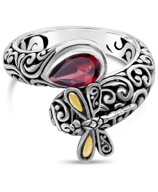 Sterling Silver 925 and 18K Gold with Garnet Birthstone DEVATA Sweet Dragonfly Bali Filigree Bypass Ring SFM8537GA (Size 07)