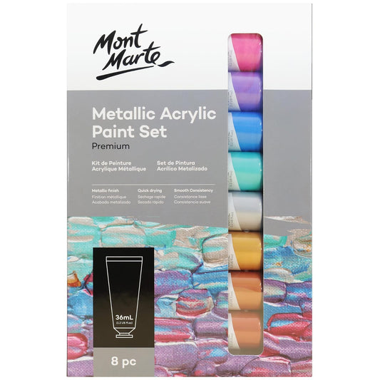 Mont Marte Premium Metallic Acrylic Paint Set, 8 x 1.02oz (36ml) Tubes, 8 Colors, Suitable for Most Surfaces Including Canvas, Card, Paper and Wood