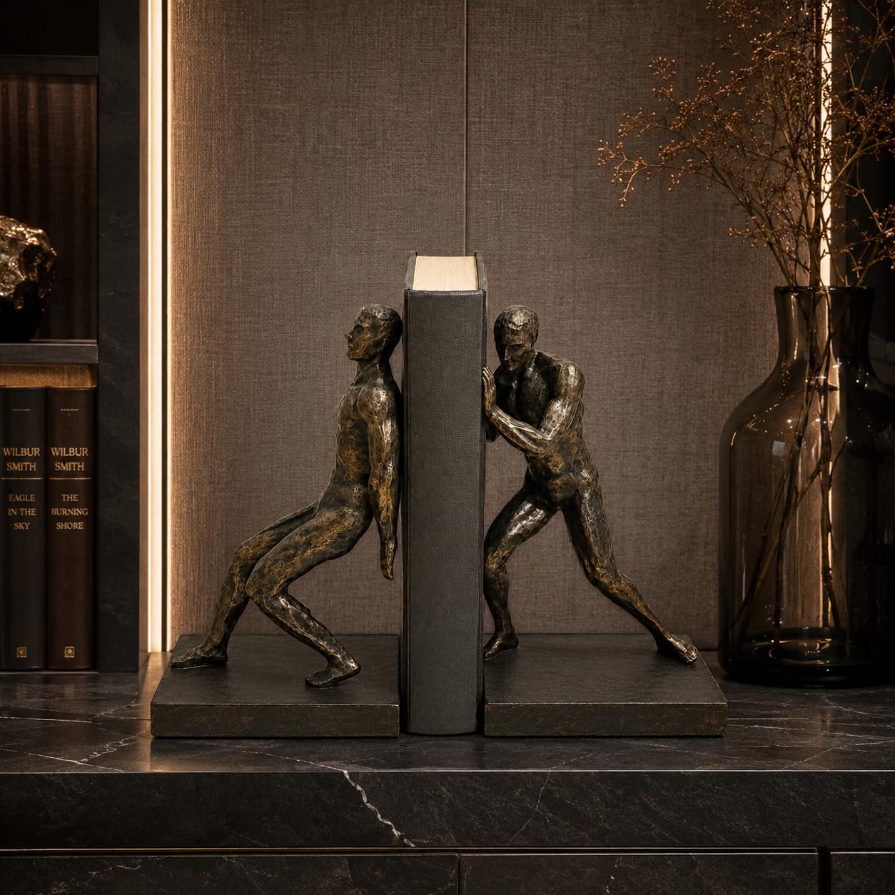 Comfy Hour Farmhouse Home Decor Collection Resin Set of 2 Gymnastic Men Bookends Art Bookends Solid Heavy Weight, Black