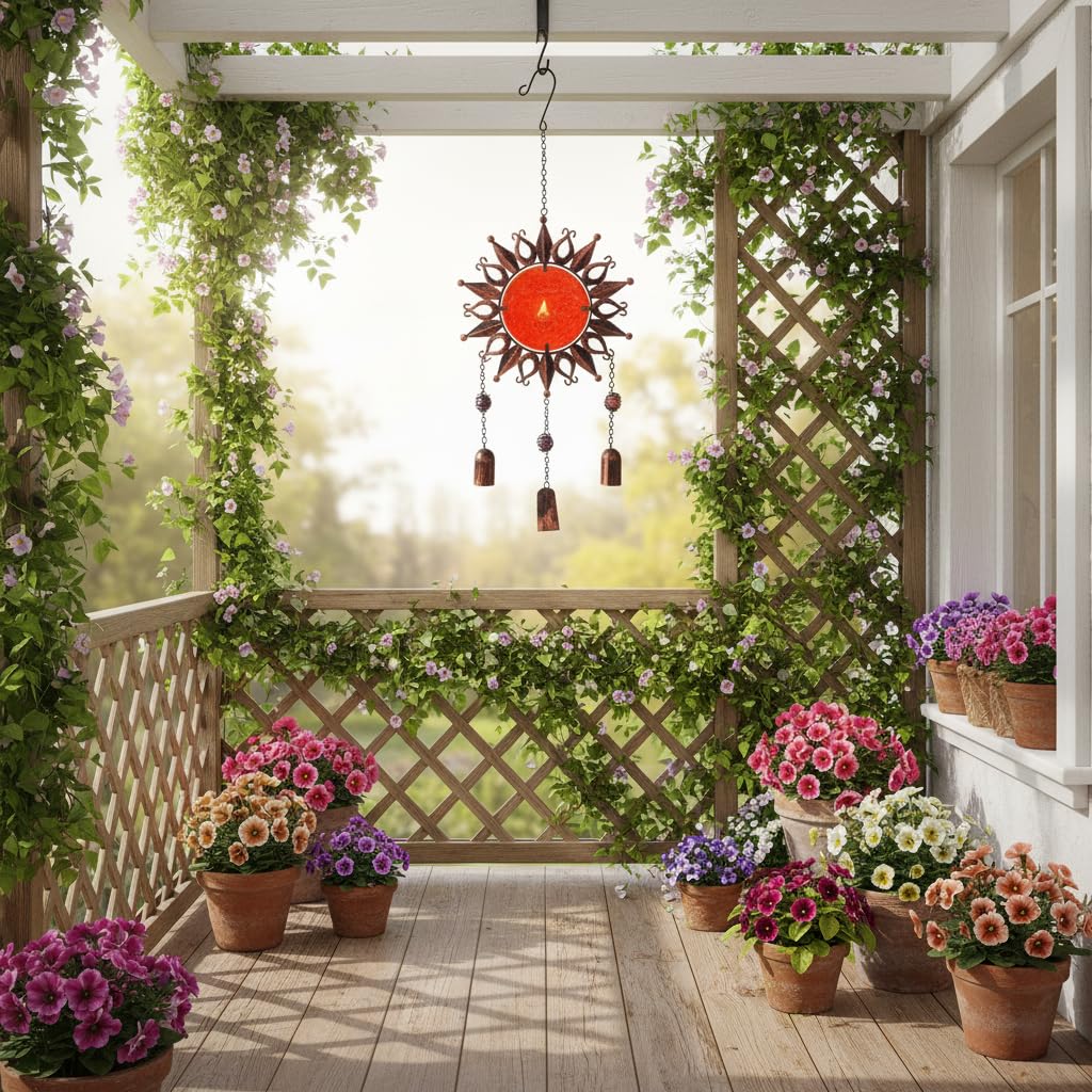 Comfy Hour Sun Moon Face Engraved Collection 23" Red Brown Copper Metal Art Sunface Hanging Wind Chime for Home and Garden