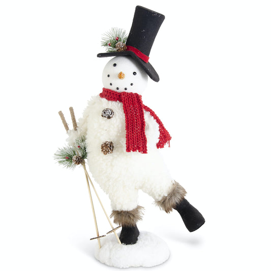K&K Interiors Sherpa Snowman with Leg Kicked Out Holding Ski Poles Figurine, 21.5-inch Height