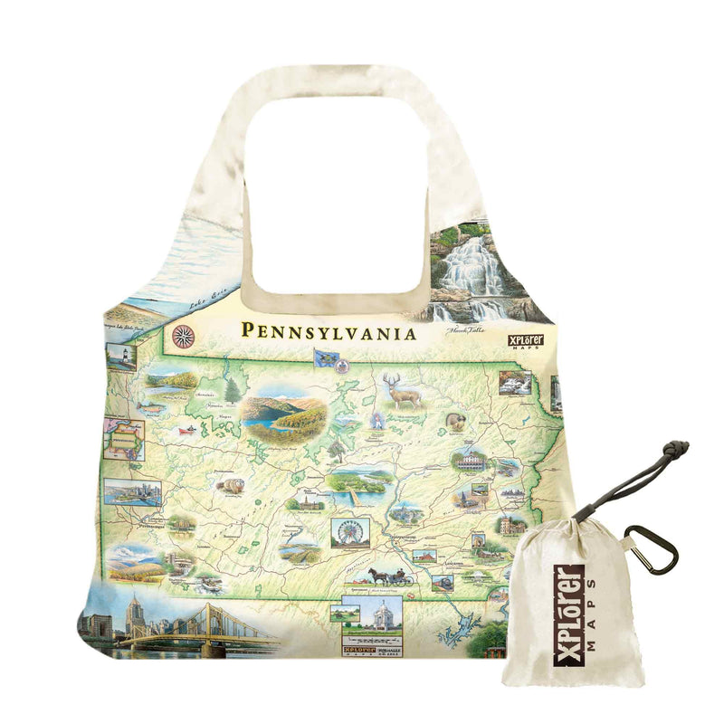 Xplorer Maps Pennsylvania State Map Nylon Pouch Tote Bag with Handles - Reusable, Eco-friendly Shopping Bag, Washable, 18" wide by 25" tall