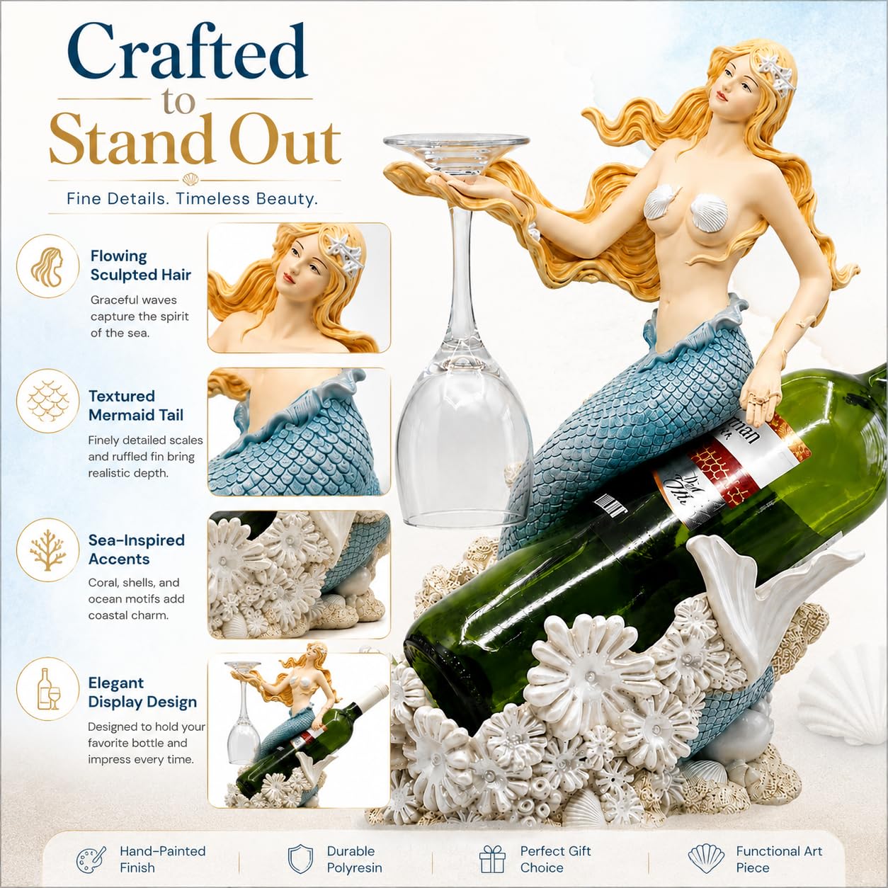 Comfy Hour 13 Inch Mermaid Wine Bottle Holder, Nautical Decor