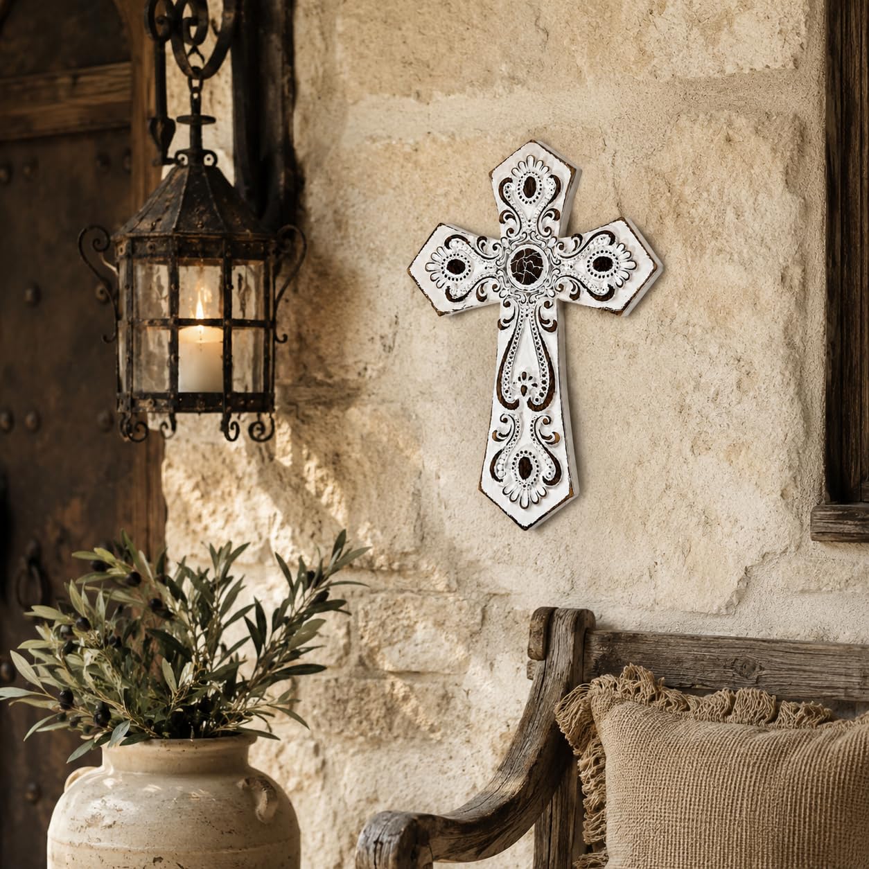 Comfy Hour 12 Inch White Cross for Wall, Rustic Wall Cross Decor
