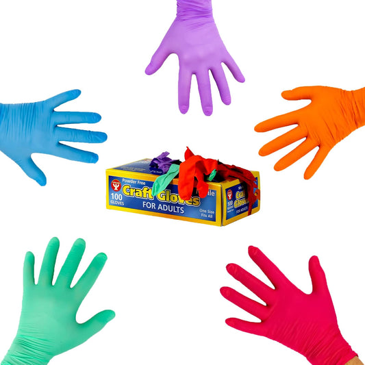 Hygloss Products Adult Craft Gloves - Nitrile Latex-Free Protect Your Hands-Multiple Uses-Disposable-5 Assorted Colors-100 Pack, 100 Count